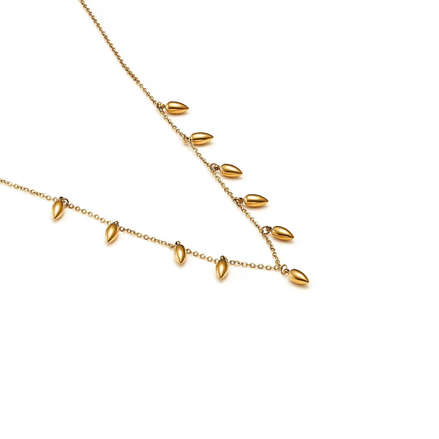 Fine chain necklace featuring ten sculptural anther-inspired pendants in 14k gold-plated stainless steel