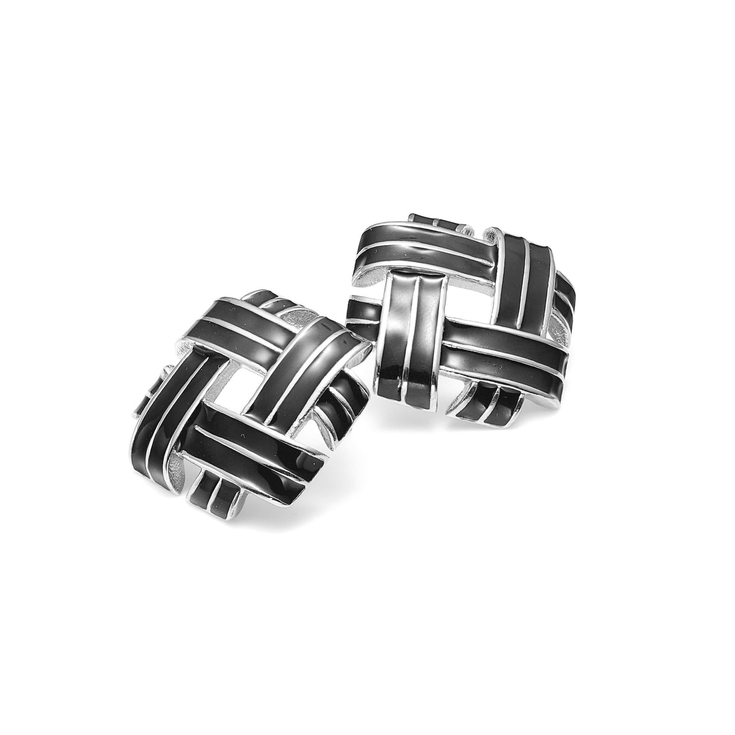 Vintage-inspired statement earrings in high-quality stainless steel with a silver finish and hand-painted black enamel criss-cross detailing