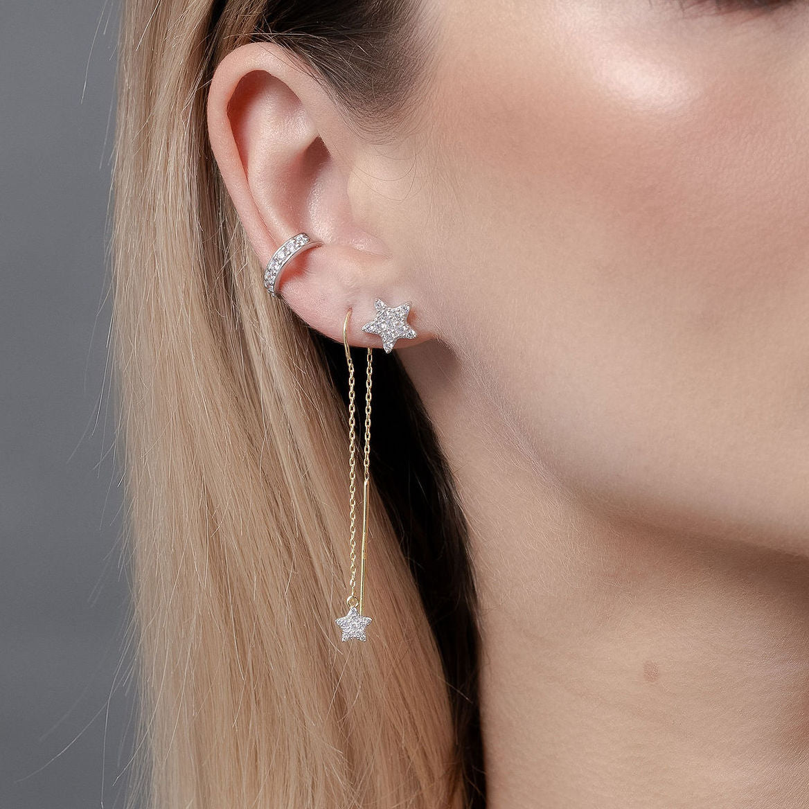 Galaxie Ear Cuff and Star Pendant Earrings in 14k gold-plated sterling silver with Cubic Zirconias | Silk & Steel Jewellery