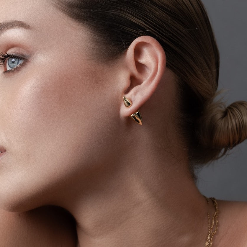 Sculptural double spike ear jacket earrings  in 14k gold-plated stainless steel