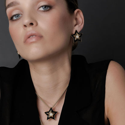 Supernova Star Pendant Necklace in 14k gold-plated stainless steel with Black Enamel and Clear Cubic Zirconias| Silk & Steel Jewellery