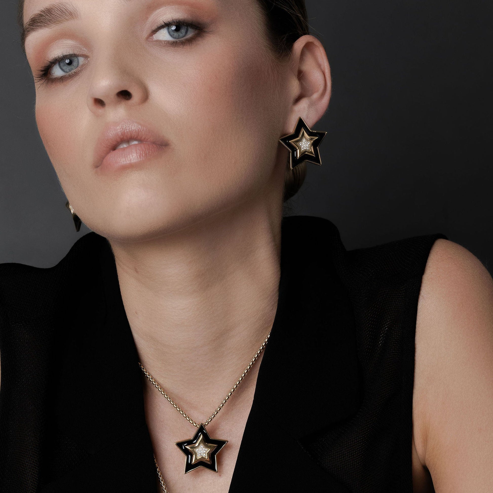 Supernova Star Pendant Necklace in 14k gold-plated stainless steel with Black Enamel and Clear Cubic Zirconias| Silk & Steel Jewellery