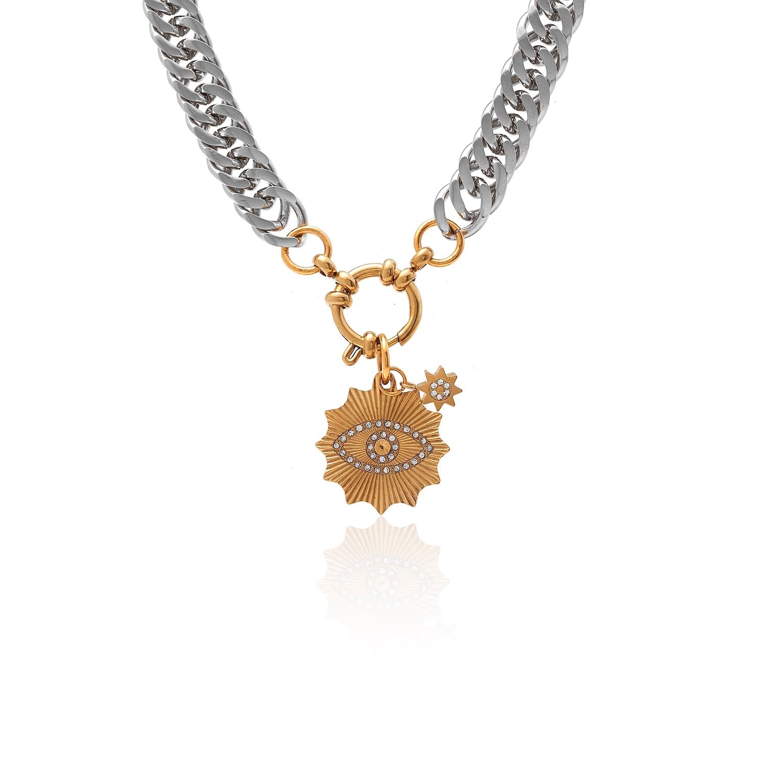 Silk & Steel Nova two tone necklace with cubic zirconia in silver and gold-plated stainless steel.