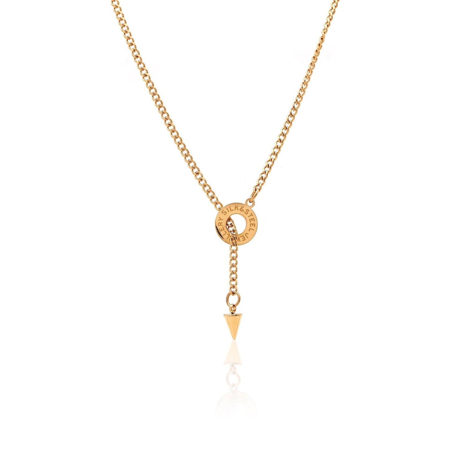 Silk & Steel Orbit Lariat necklace in 14k gold-plated stainless steel.