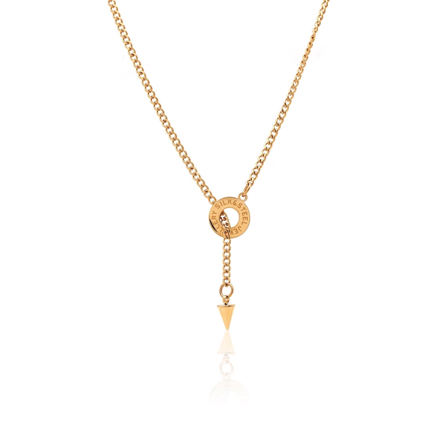 Silk & Steel Orbit Lariat necklace in 14k gold-plated stainless steel.