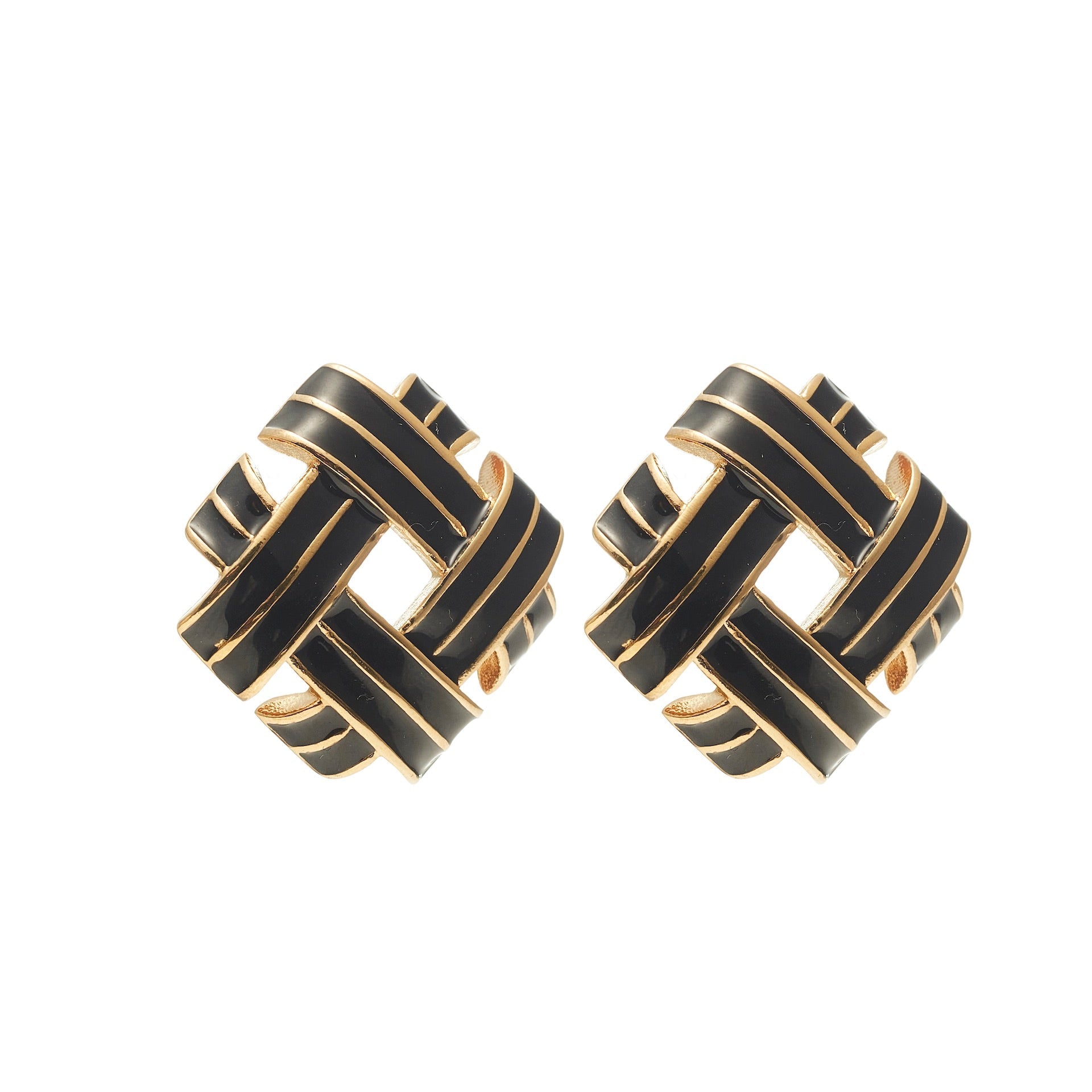 Vintage-inspired statement earrings in 14k gold-plated stainless steel with hand-painted black enamel criss-cross detailing