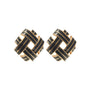 Vintage-inspired statement earrings in 14k gold-plated stainless steel with hand-painted black enamel criss-cross detailing