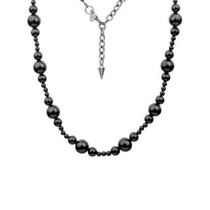 Black Onyx Beaded Necklace with Silver Stainless Steel extension chain