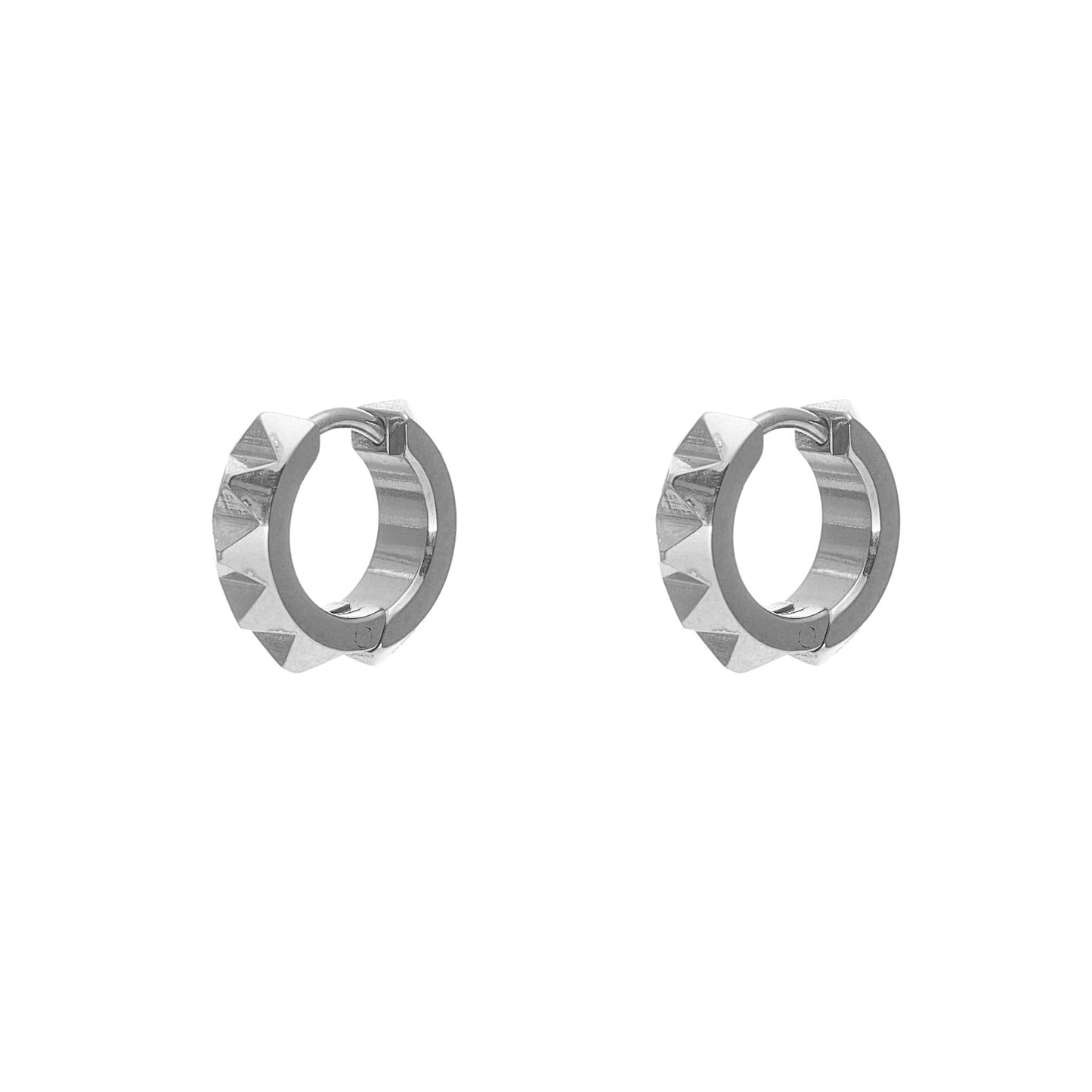 Hoop earrings with a pyramid spike detail in high quality silver stainless steel