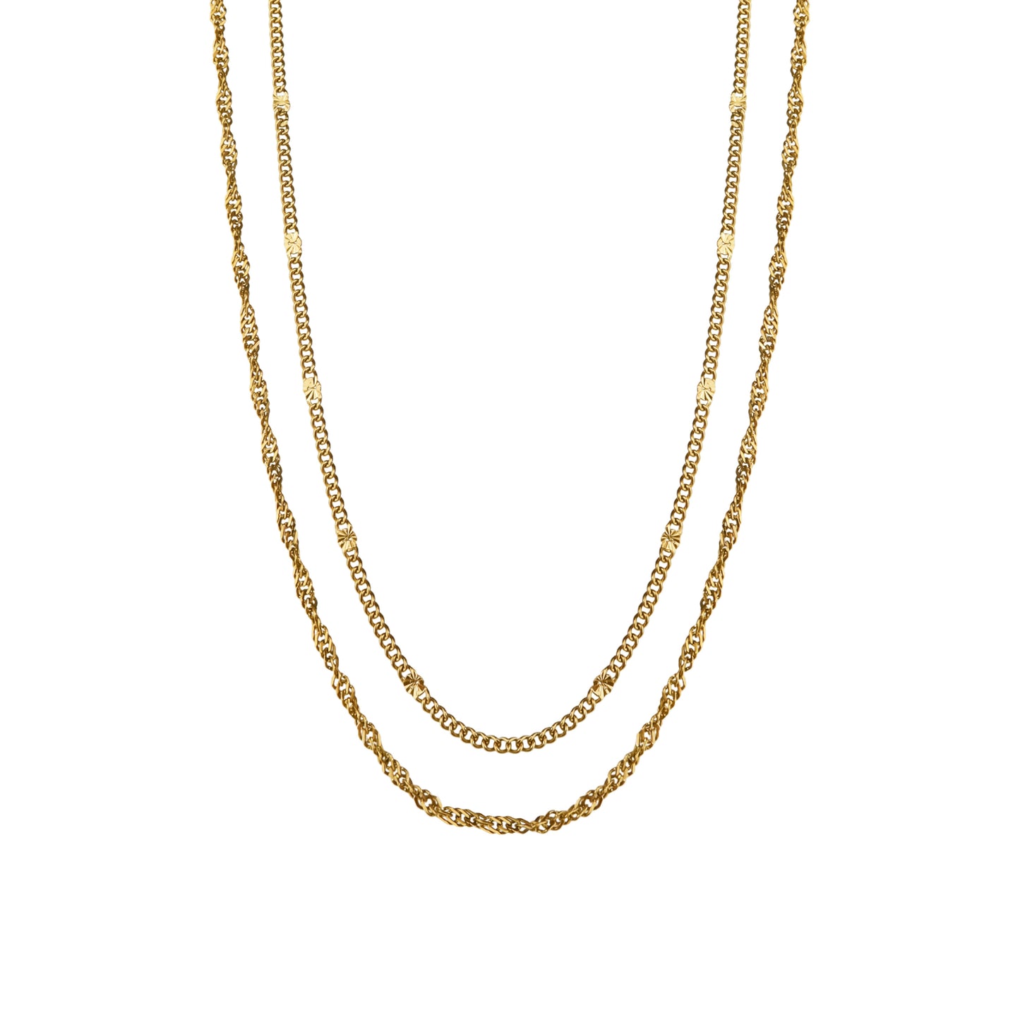 Double-layered necklace featuring a fine hammered curb chain and twisted chain in 14k gold-plated stainless steel