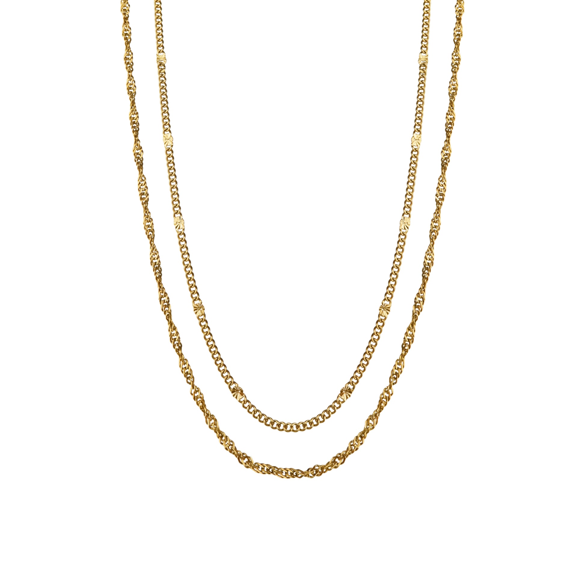 Double-layered necklace featuring a fine hammered curb chain and twisted chain in 14k gold-plated stainless steel