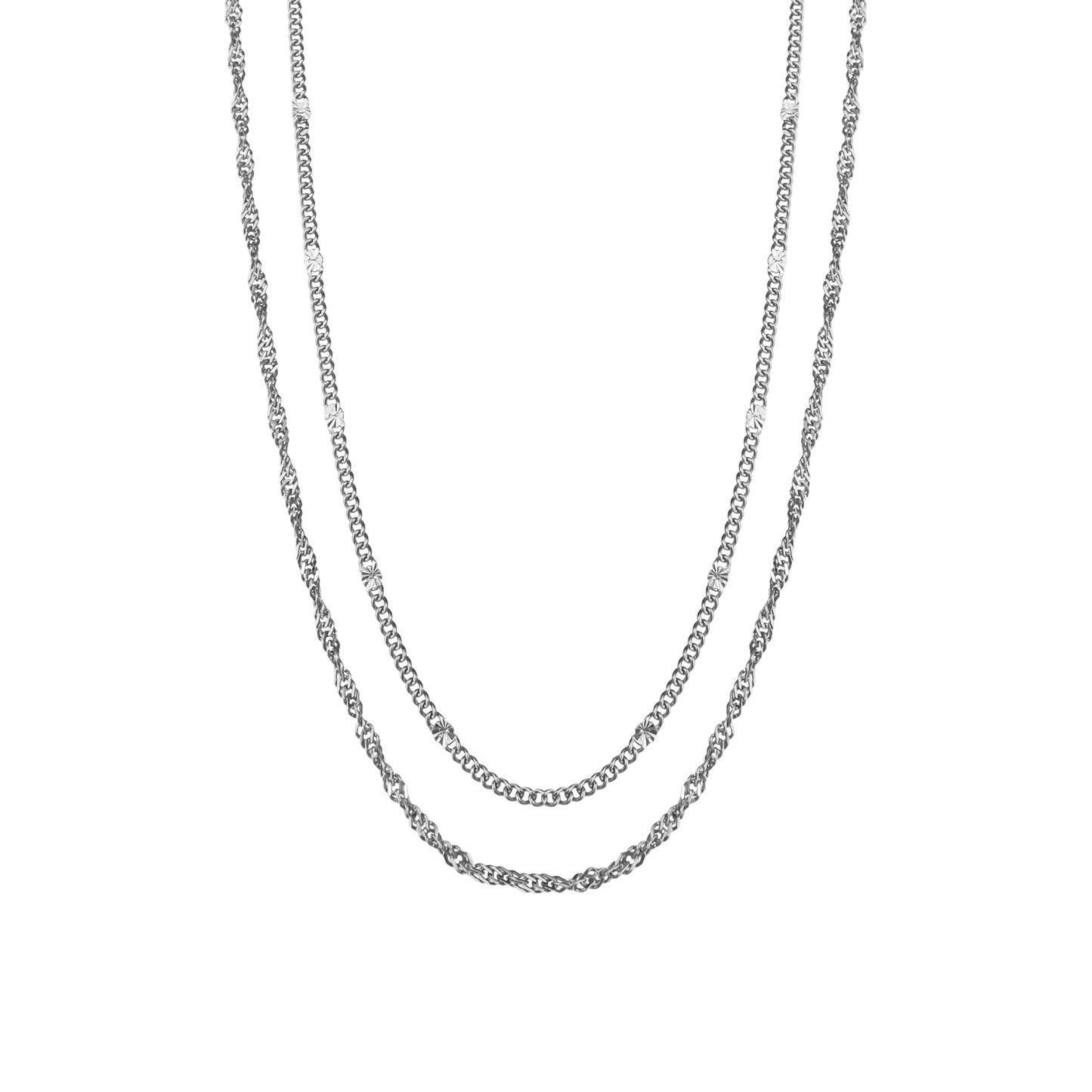 Double-layered necklace featuring a fine hammered curb chain and twisted chain in high quality stainless steel