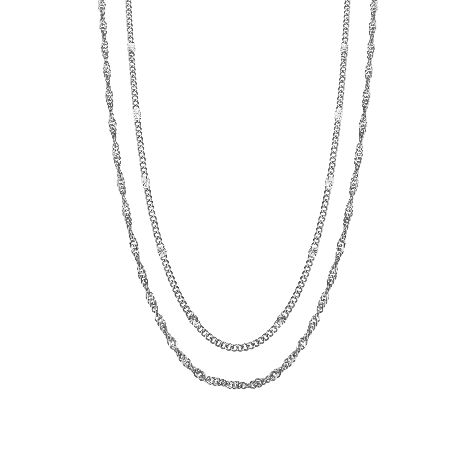 Double-layered necklace featuring a fine hammered curb chain and twisted chain in high quality stainless steel