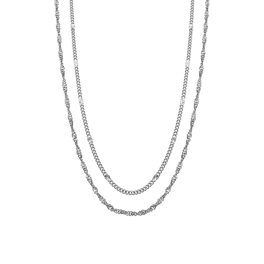 Double-layered necklace featuring a fine hammered curb chain and twisted chain in high quality stainless steel