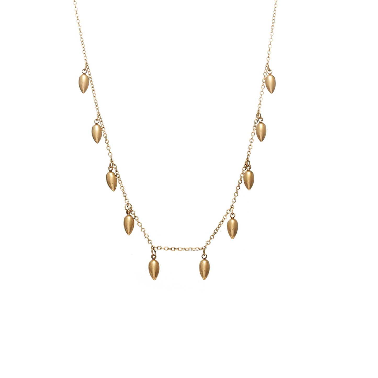 Fine chain necklace featuring ten sculptural anther-inspired pendants in 14k gold-plated stainless steel