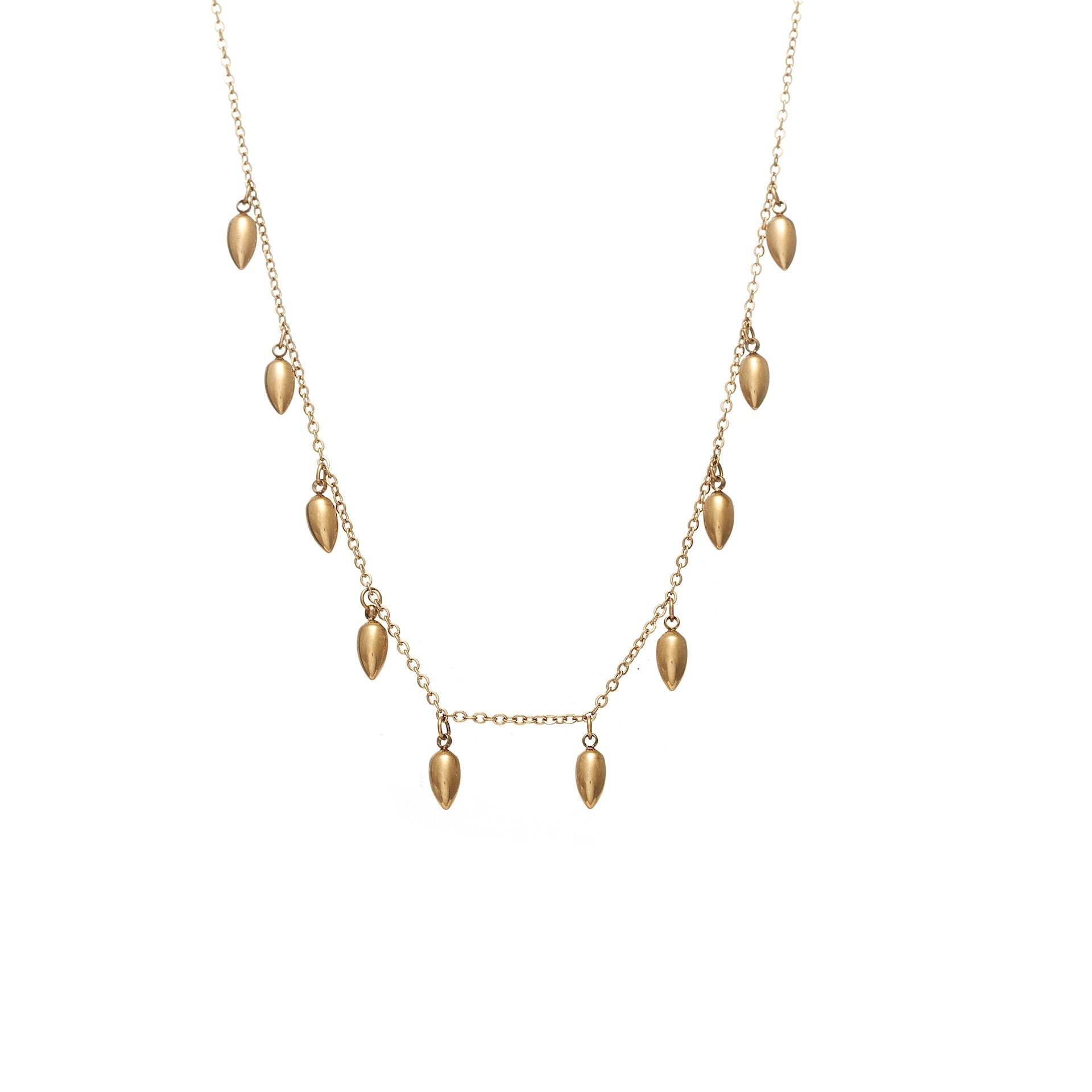 Fine chain necklace featuring ten sculptural anther-inspired pendants in 14k gold-plated stainless steel