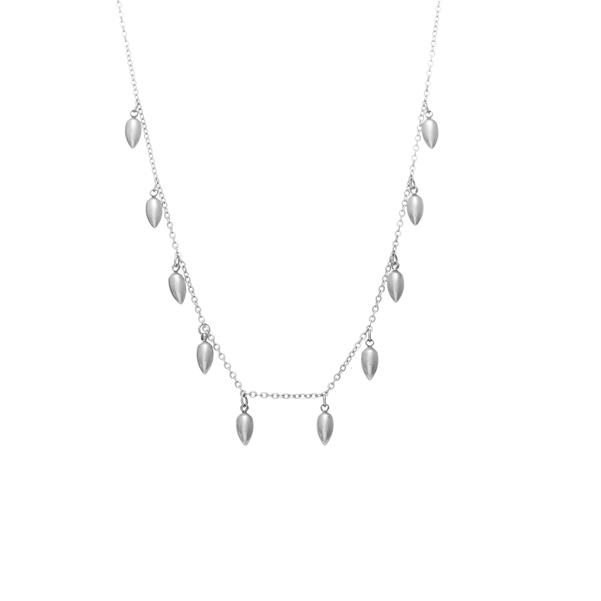 Fine chain necklace featuring ten sculptural anther-inspired pendants in high quality stainless steel