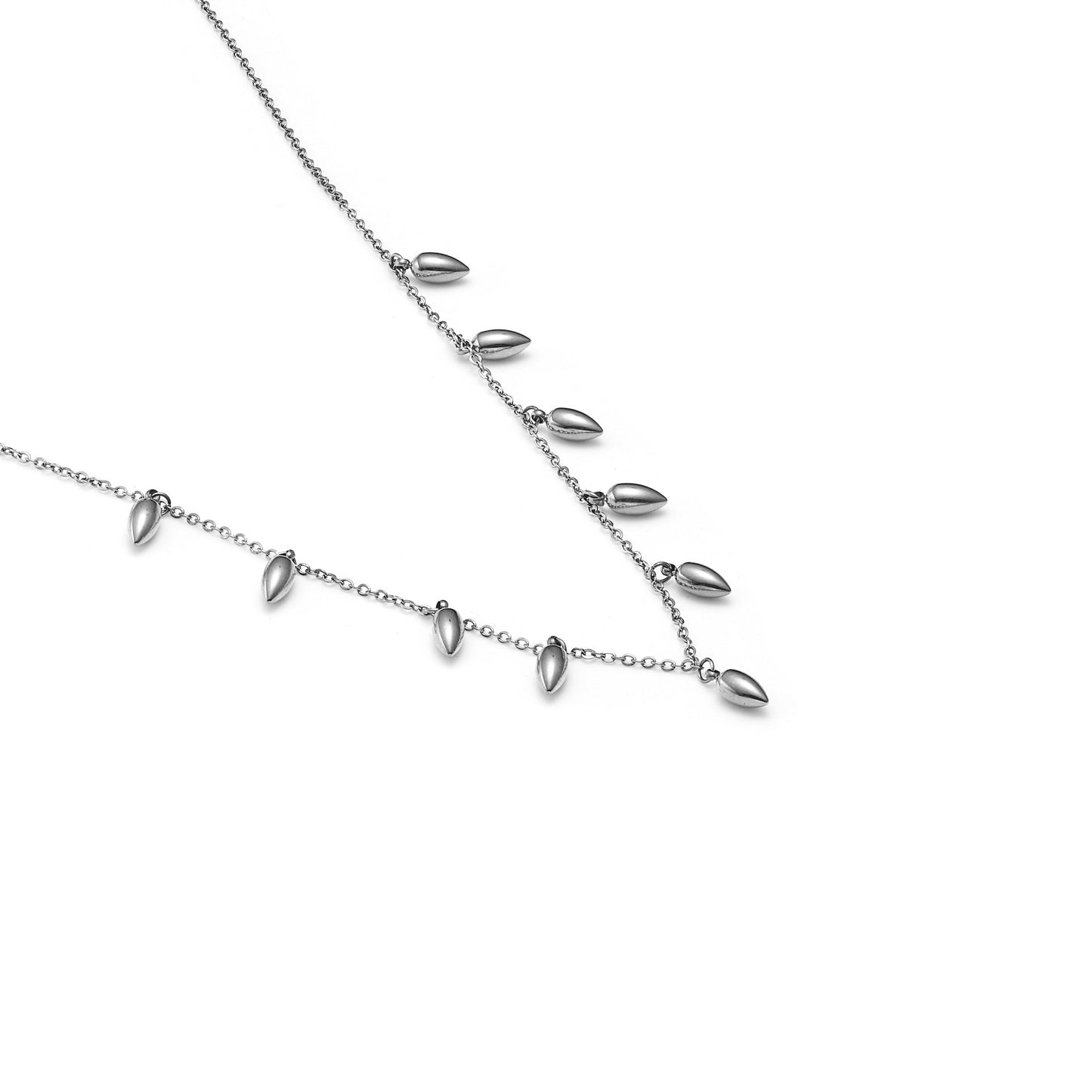 Fine chain necklace featuring ten sculptural anther-inspired pendants in high quality stainless steel