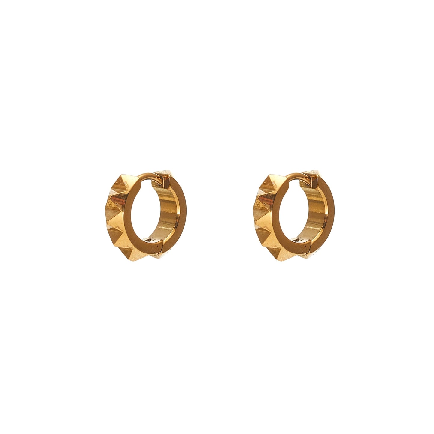 Mini sleeper hoop earrings with a pyramid spike detail in 14k gold-plated stainless steel