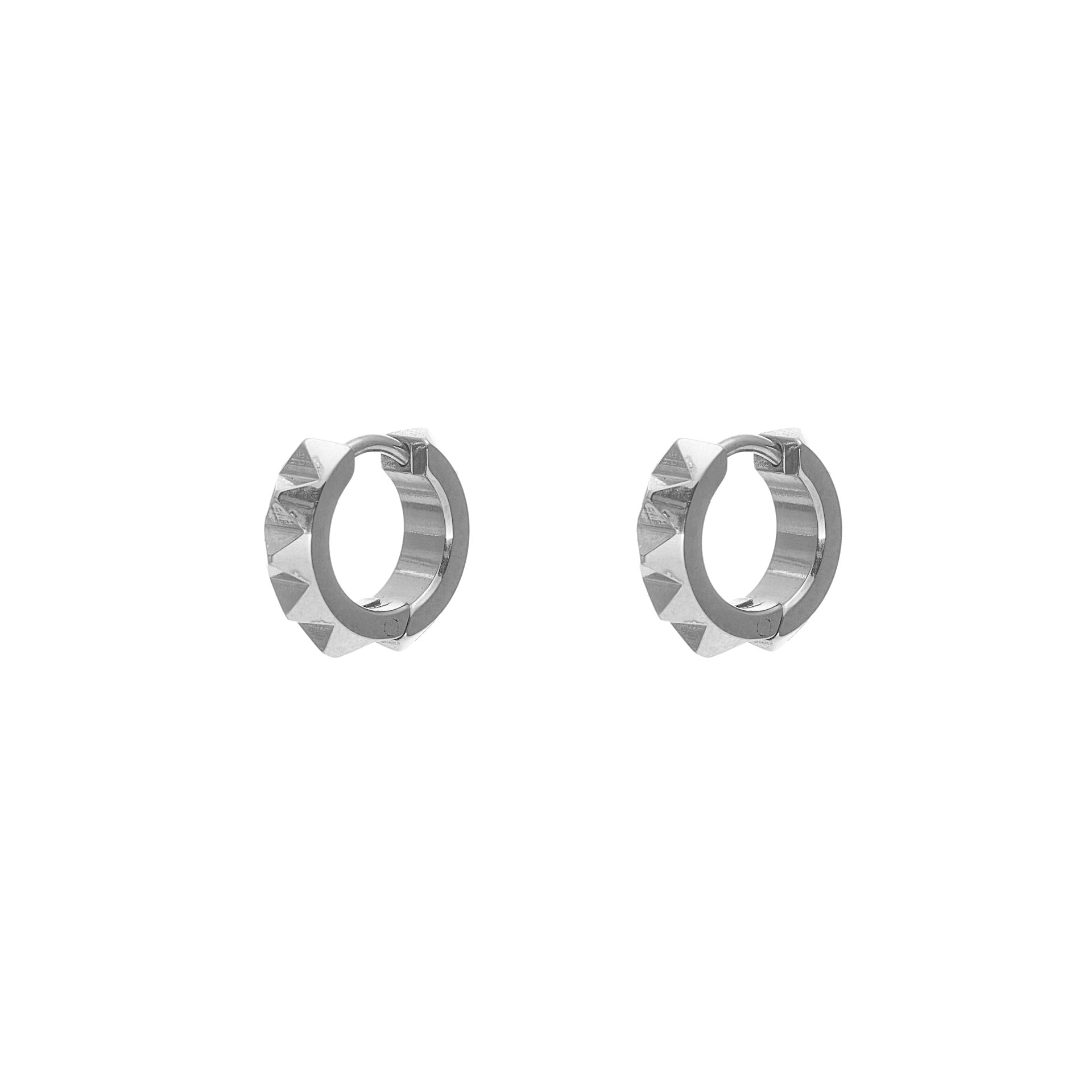 Mini sleeper hoop earrings with a pyramid spike detail in high quality stainless steel