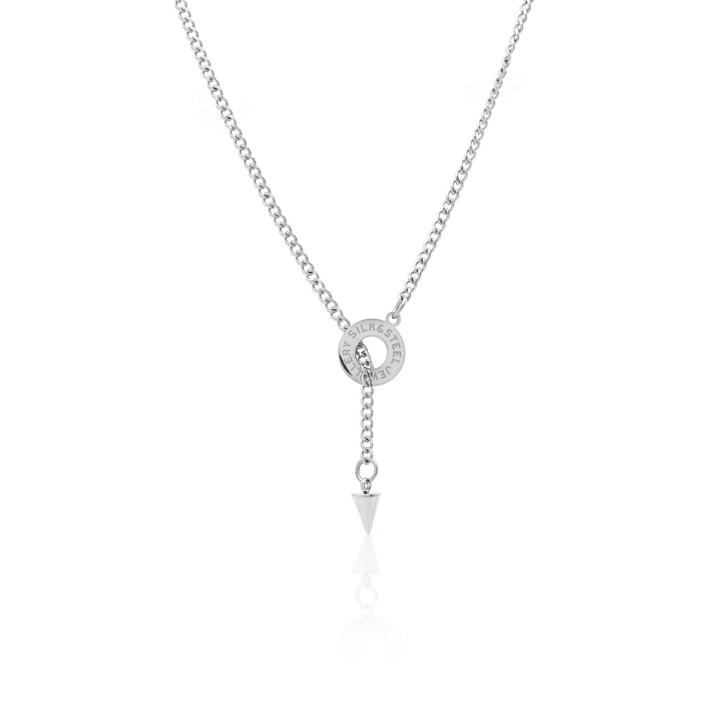 Silk & Steel Orbit Lariat Necklace in silver stainless steel.