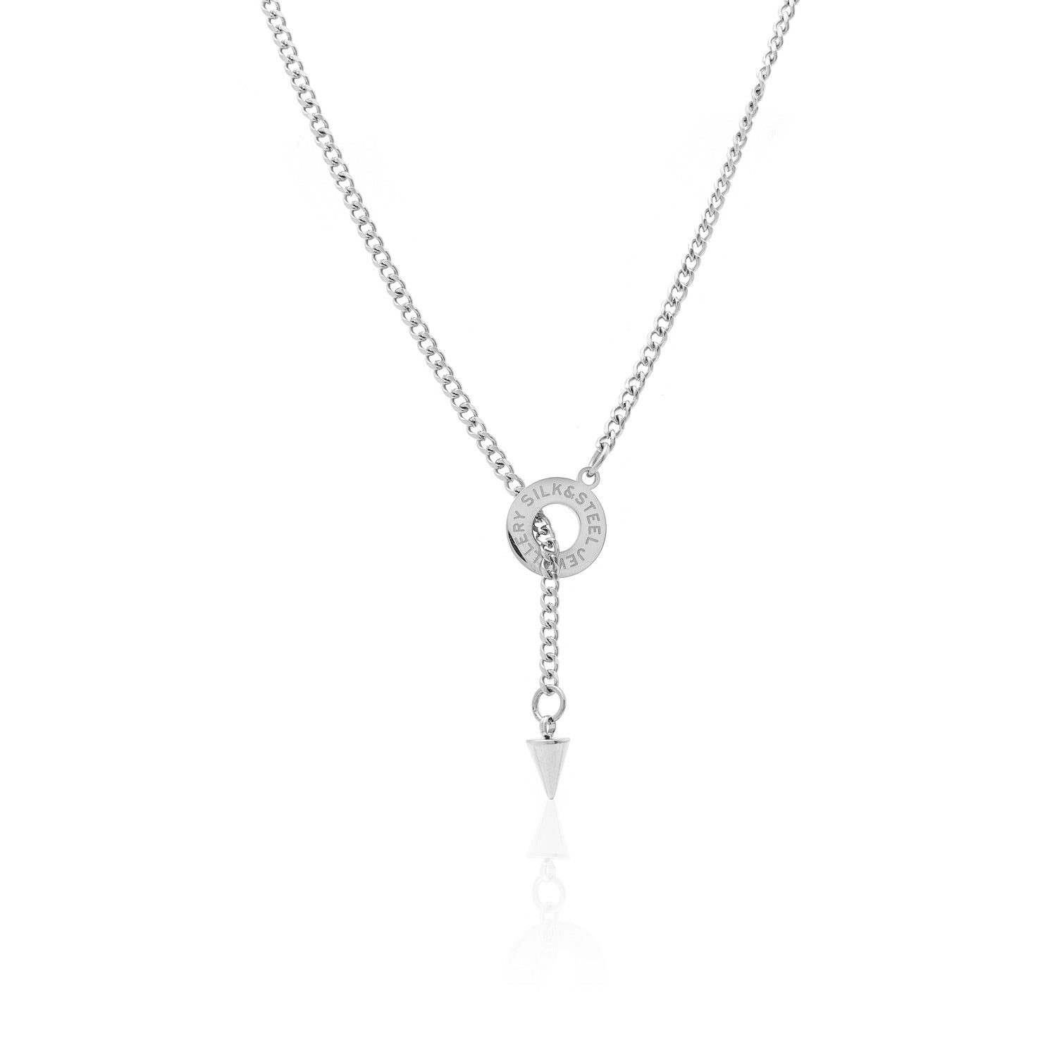 Silk & Steel Orbit Lariat Necklace in silver stainless steel.