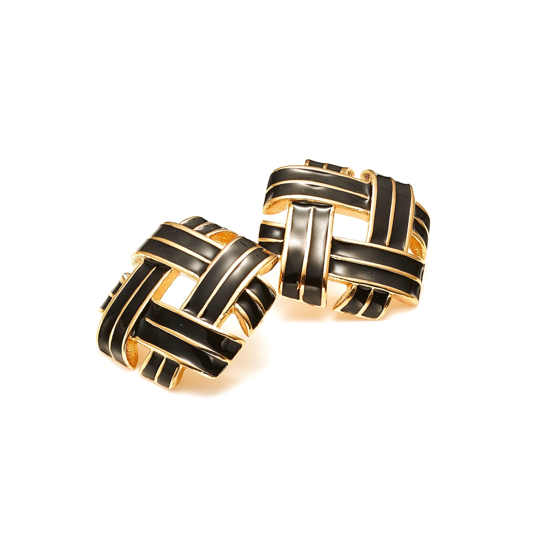 Vintage-inspired statement earrings in 14k gold-plated stainless steel with hand-painted black enamel criss-cross detailing