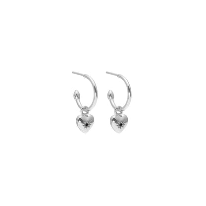 MARCH | Petite Puffed Heart Hoop Earrings Black Diamond + Silver