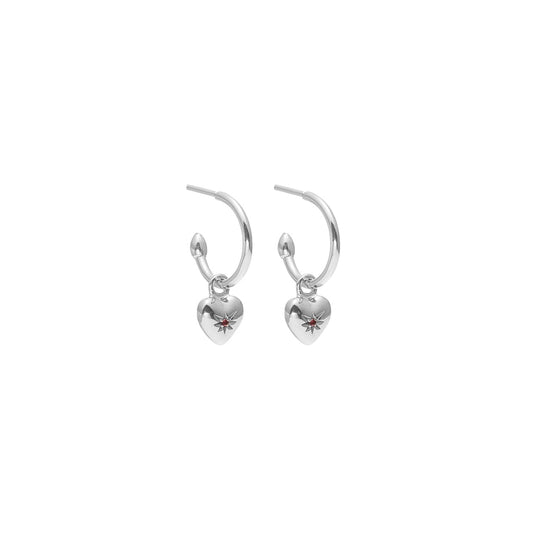 Superfine Petite Puffed Heart Hoop Earrings in Sterling Silver with Ruby | Silk & Steel Jewellery