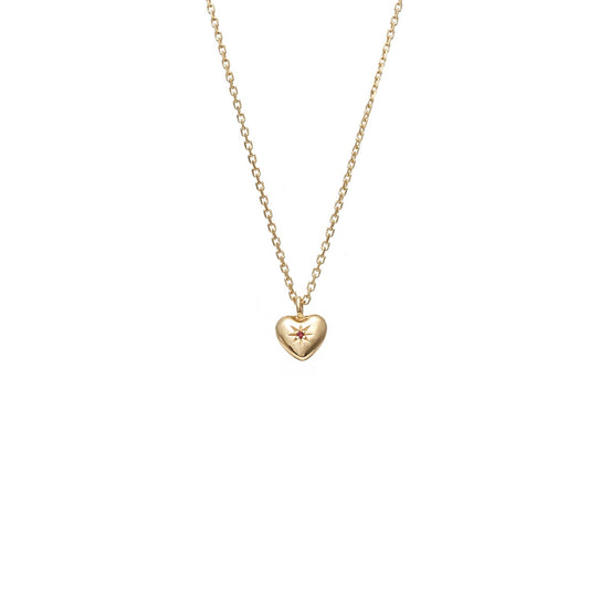Superfine Petite Puffed Heart Necklace in 14k gold-plated Sterling Silver with Ruby | Silk & Steel Jewellery