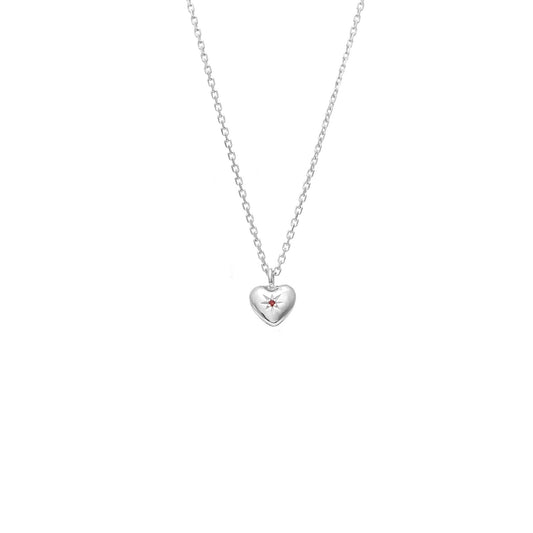 Superfine Petite Puffed Heart Necklace in Sterling Silver with Ruby | Silk & Steel Jewellery