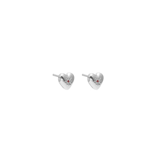 Superfine Petite Puffed Heart Earrings in Sterling Silver with Ruby | Silk & Steel Jewellery