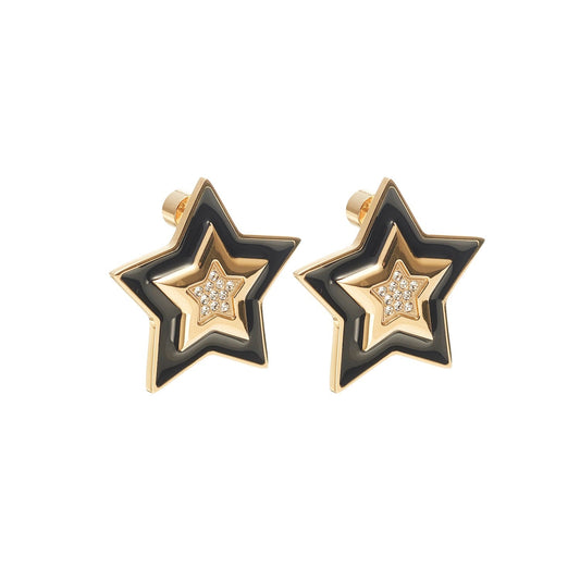Supernova Star Pendant Stud Earrings in 14k gold-plated stainless steel with Black Enamel and Cubic Zirconias | Silk & Steel Jewellery