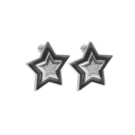 Supernova Star Pendant Stud Earrings in silver stainless steel with Black Enamel and Cubic Zirconias | Silk & Steel Jewellery